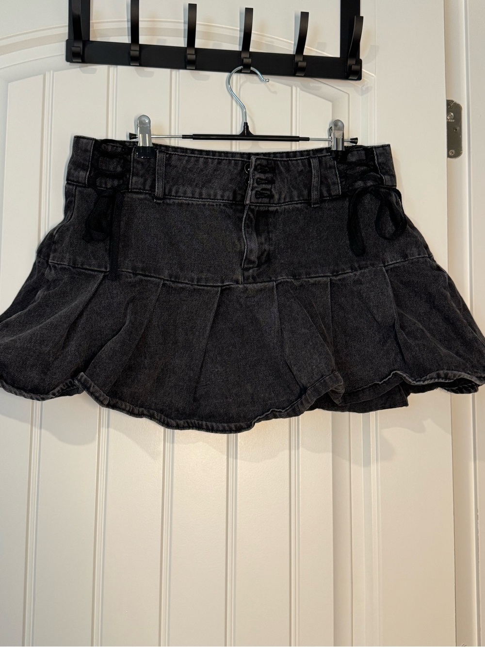 High-Waist Black Denim Social Collision Circle Skater Mini Skirt with lace up